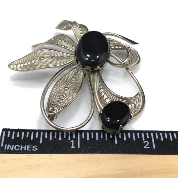 Western Germany Black & Silver Floral Brooch, Black Glass Cabochons, 1950s - Picture 5 of 10